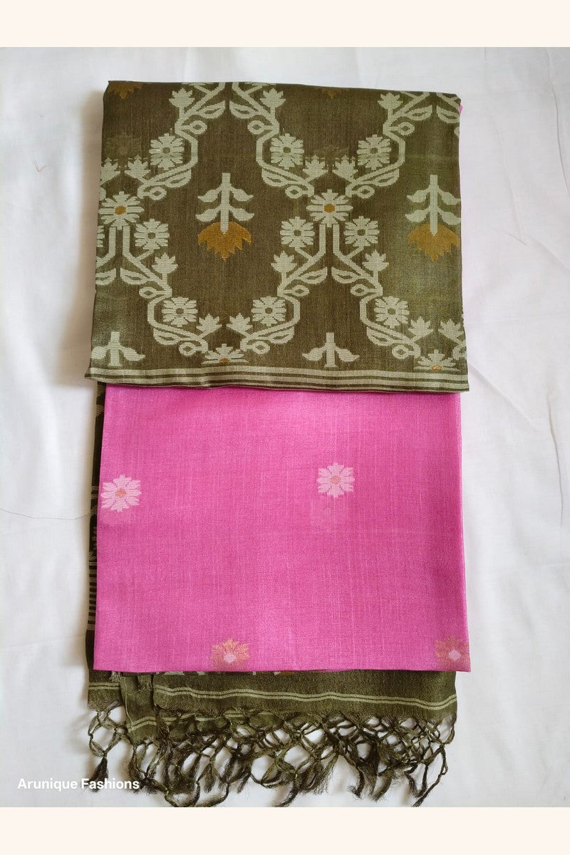 Pure Tussar Silk Saree Olive Green Ikat Weave - Close-up