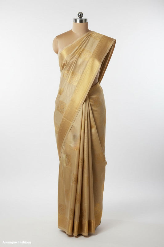 Pale Gold Shimmer Semi-Silk Saree - Mannequin Display