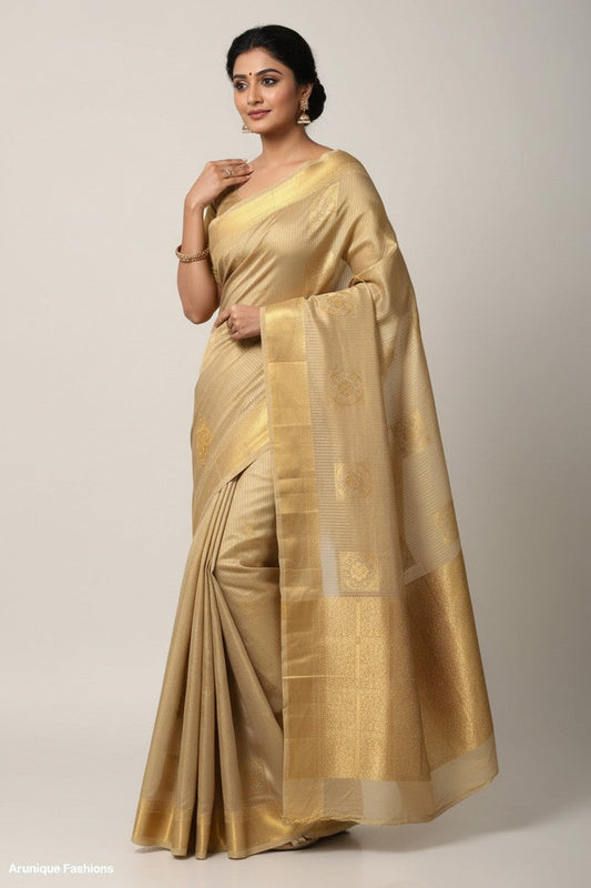 Pale Gold Shimmer Semi-Silk Saree - Model Wearing Full Drape