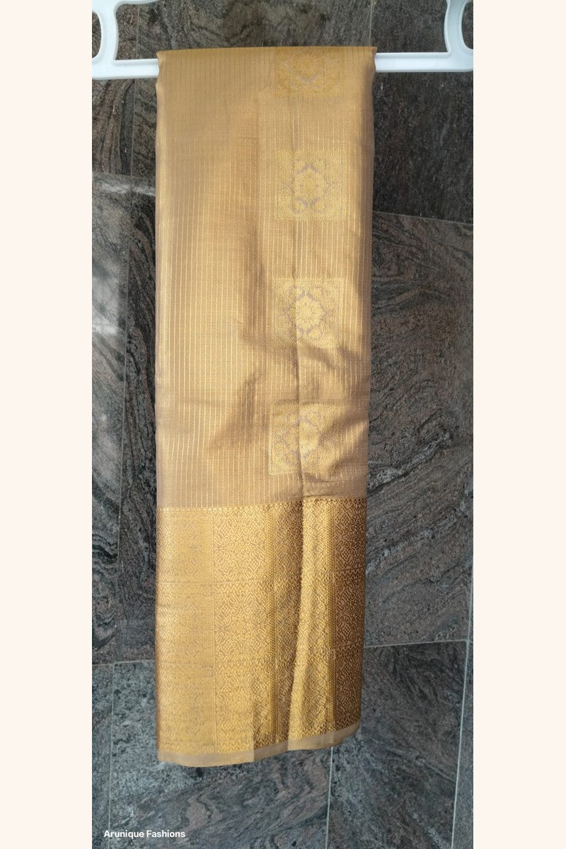 Pale Gold Shimmer Semi-Silk Saree - Saree on Hanger with Wide Border Display