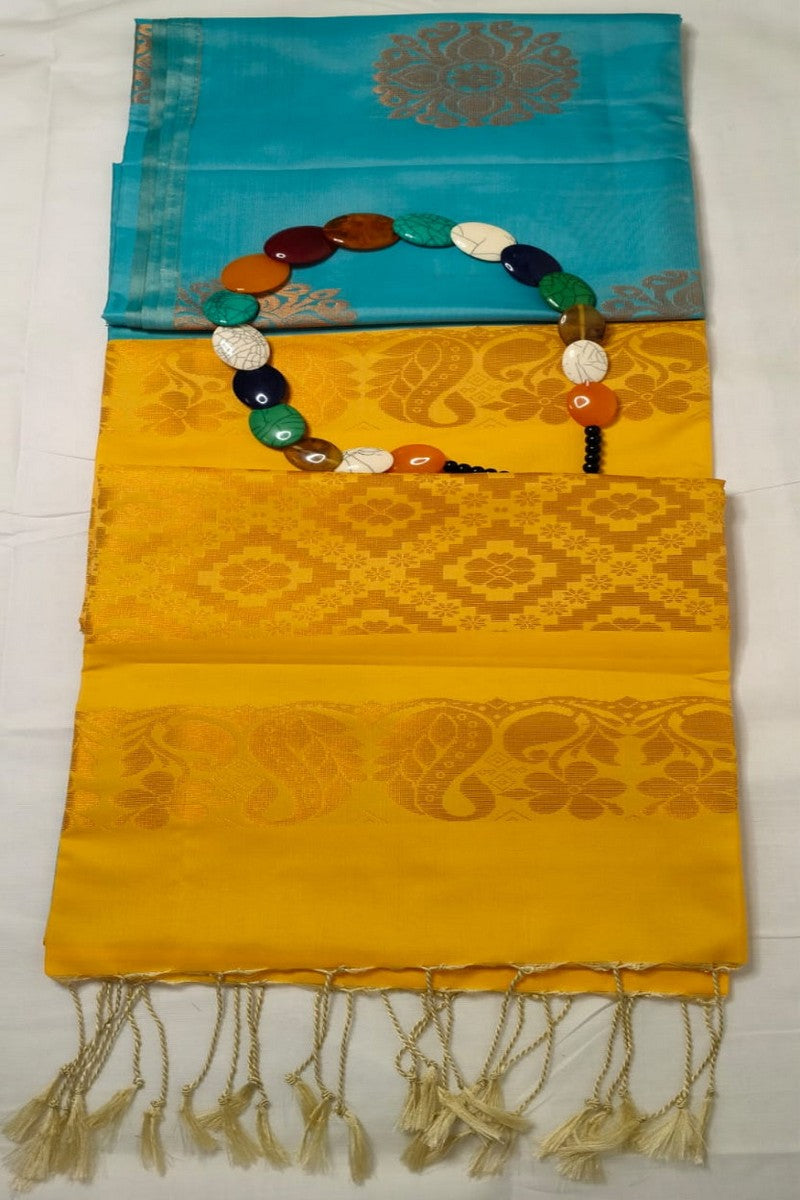 Turquoise Yellow Jacquard Floral Semi-Silk Saree - Saree and Pallu Close-up