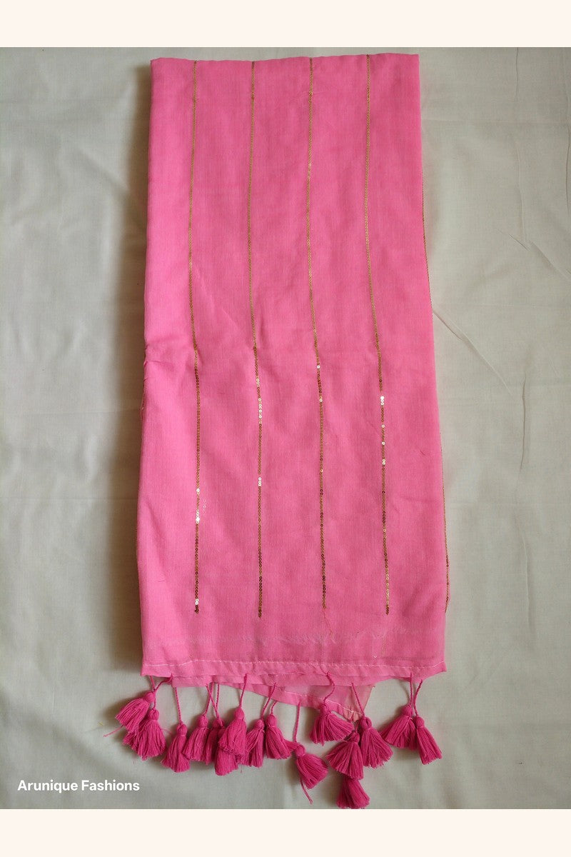 Pink mul cotton saree with sequins - full pallu view with decorative tassels