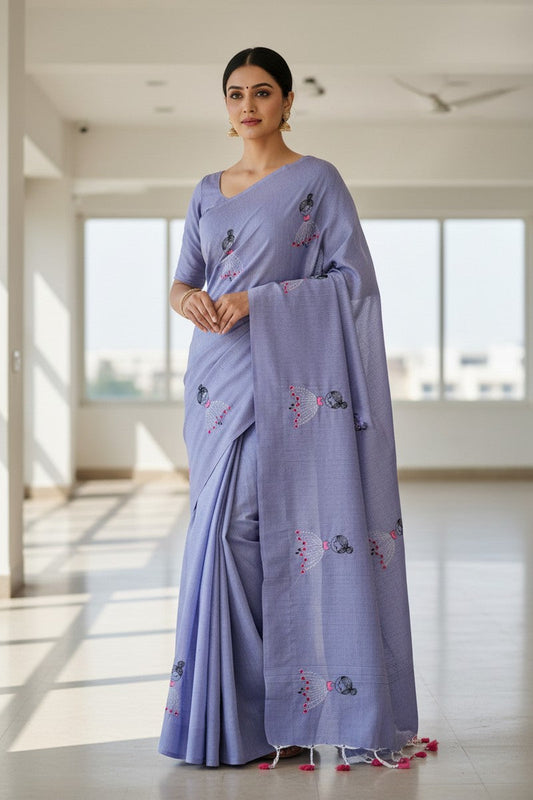 Model wearing pearl grey baby doll khadi saree casual style