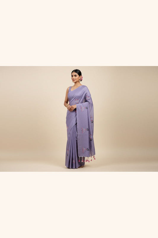 Model wearing pearl grey baby doll khadi saree in full drape