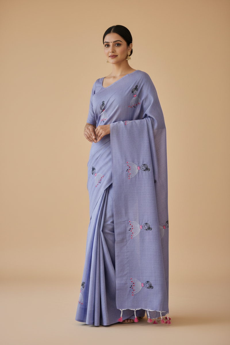 Model wearing pearl grey baby doll khadi saree in full drape