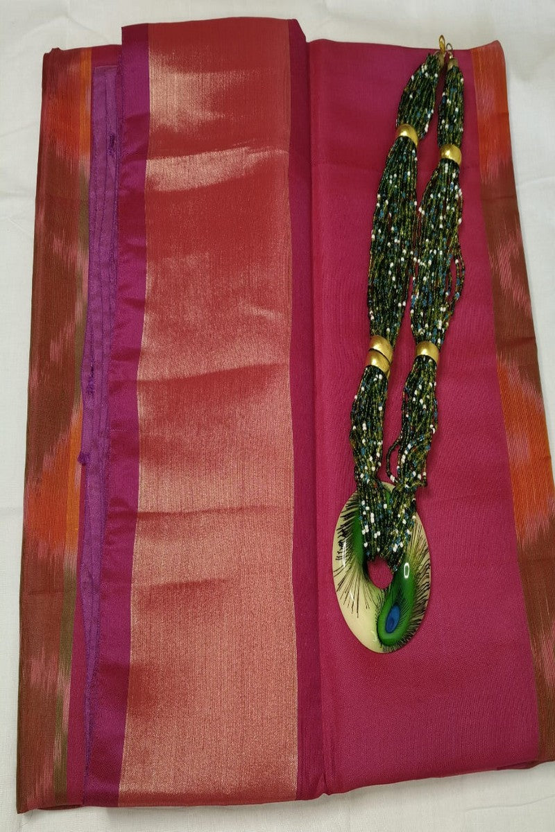 Pink & Orange Ikat Semi-Silk Saree - Body and Pallu Detail View