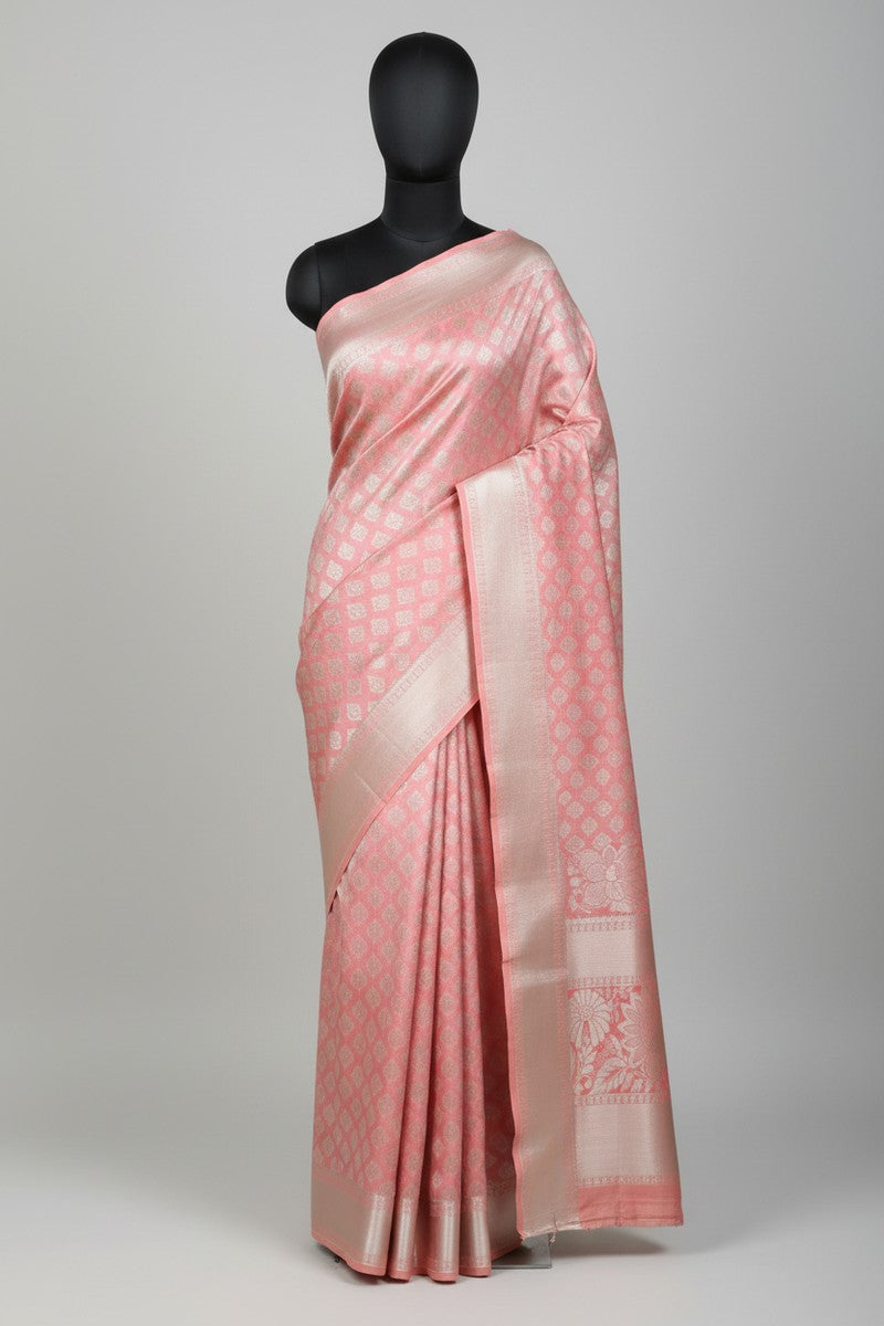 Mannequin display of rose pink brocade semi-silk saree