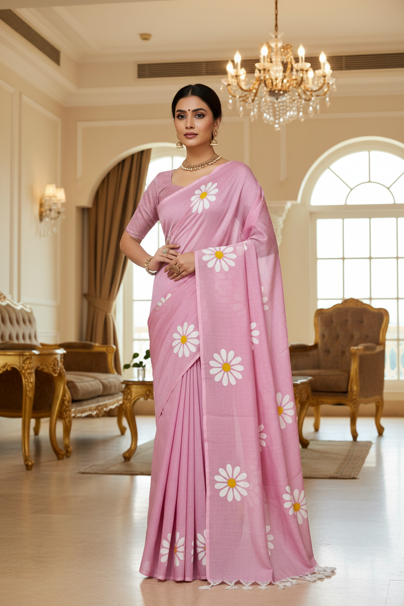 Blush pink sunflower print khadi cotton  saree with traditional block print | Arunique Fashions
