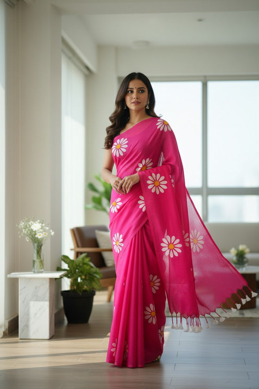 Elegant drape display of pink sunflower khadi saree