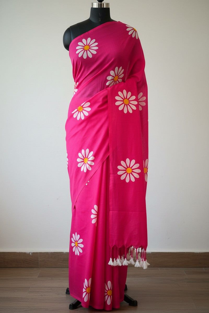 Close-up of white tassels on pink sunflower khadi pallu