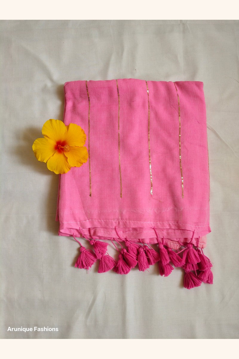 Pink mul cotton saree with sequin embellishment - fabric detail with decorative flower