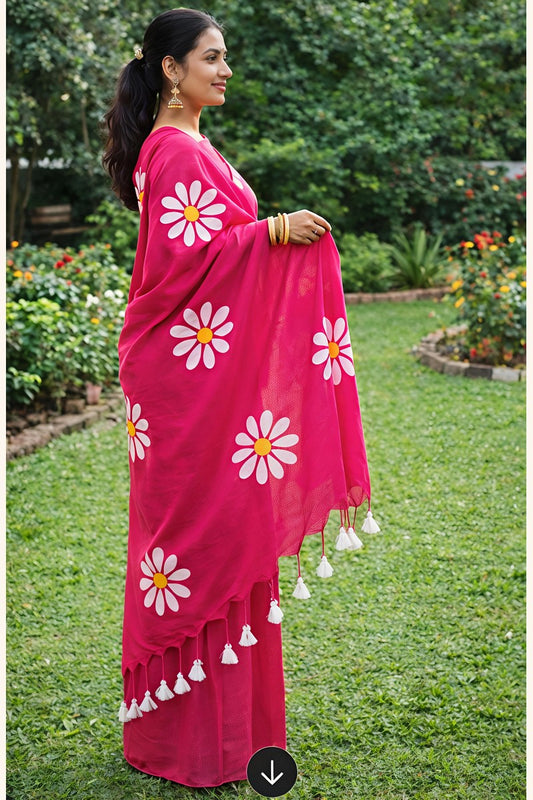 Model wearing pink sunflower print khadi cotton saree in full drape