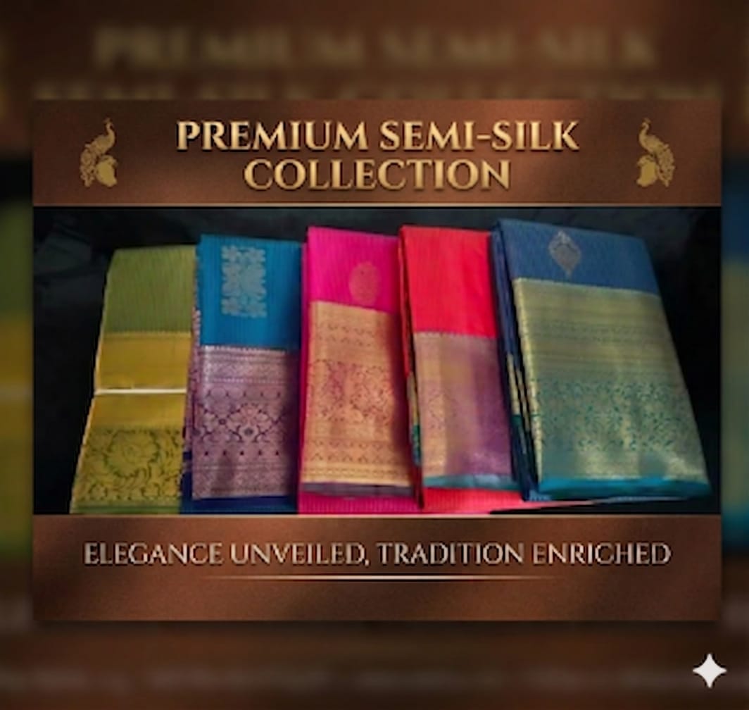 Premium Semi-Silk Collection banner showing folded sarees in green, teal, pink, red and blue with zari borders