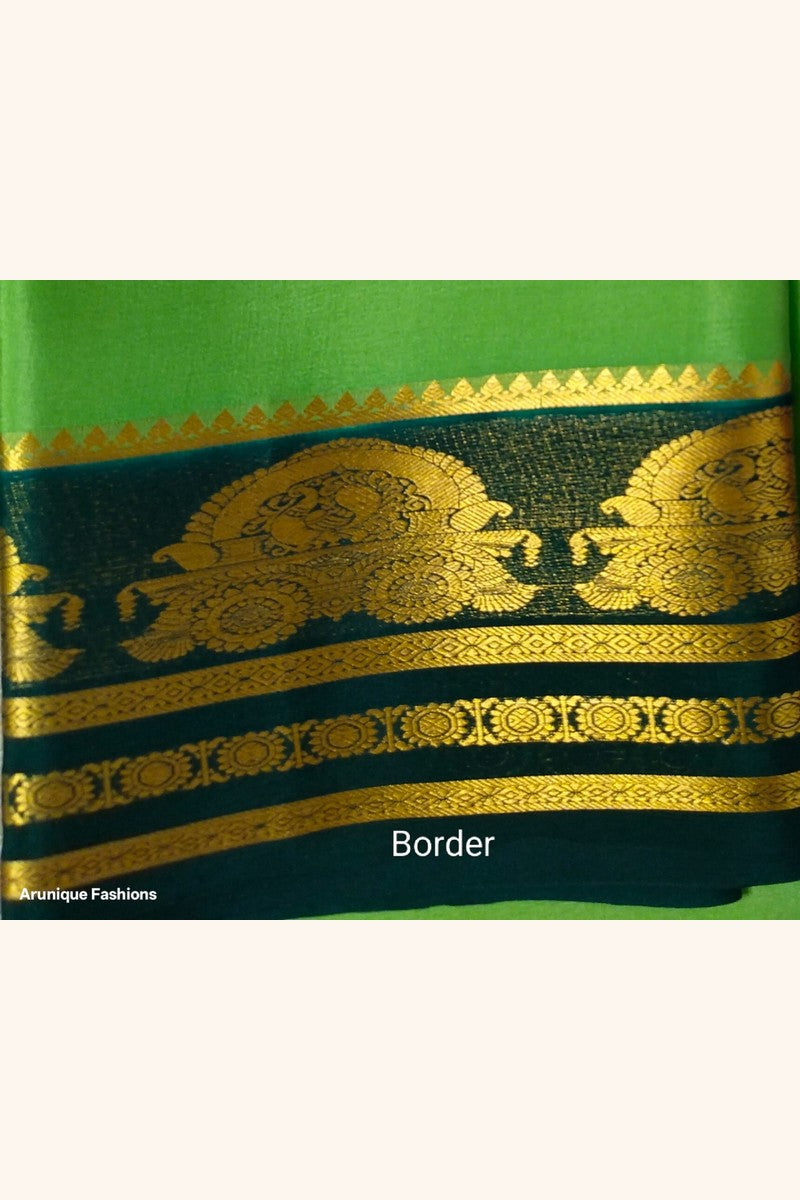 Pure Mysore Silk Saree Silk Mark Certified - Close-up of Dark Teal Maharaja Throne Simhasana Border with Golden Zari
