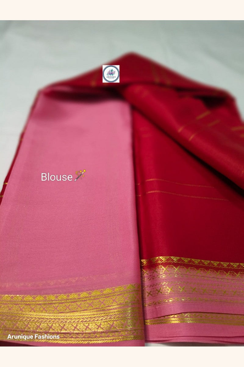 Pure Mysore Silk Saree baby pink blouse piece with golden katti zari border – Silk Mark certified, pure mulberry silk