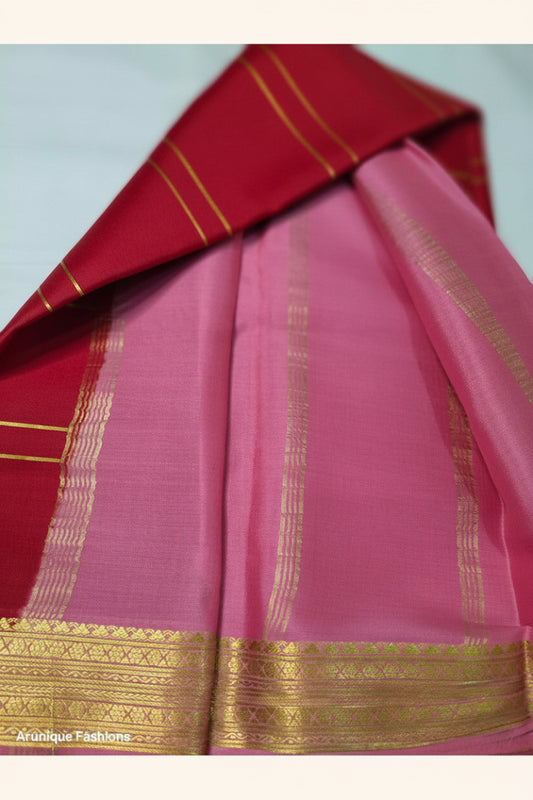 Pure Mysore Silk Saree baby pink pallu with intricate golden katti zari border – Silk Mark certified
