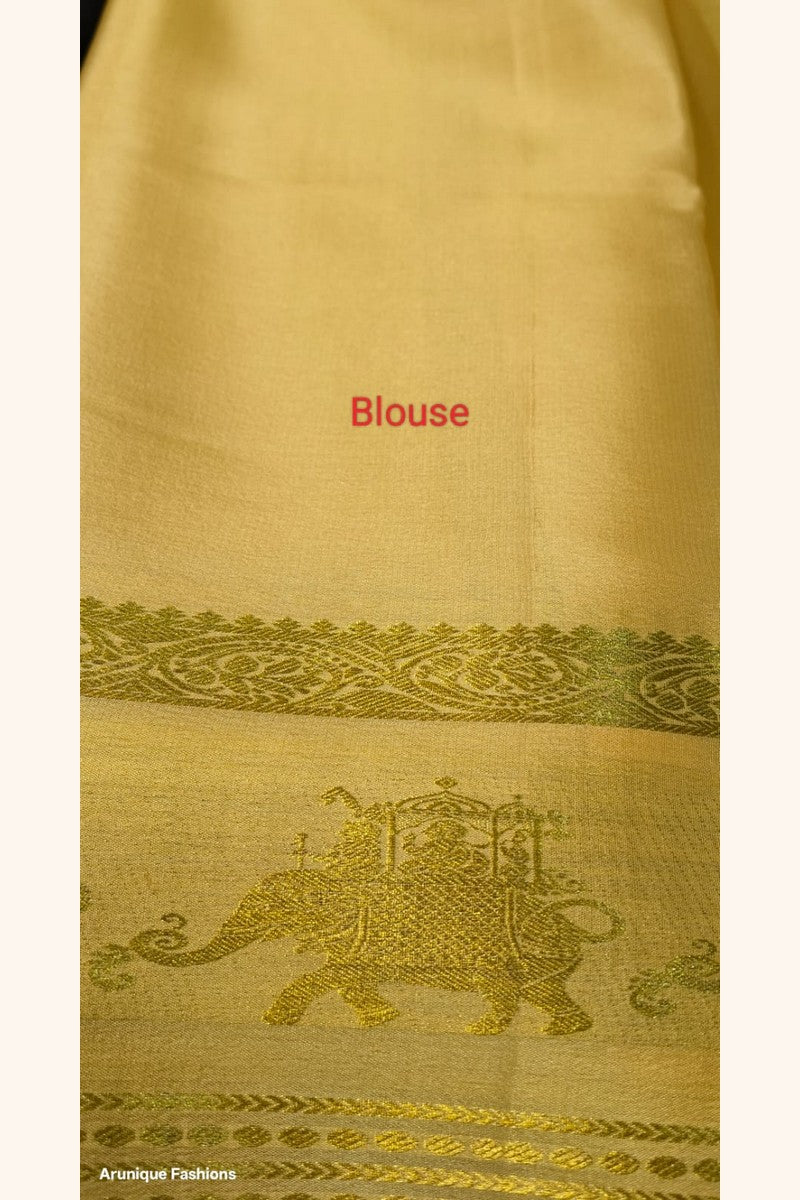 Mysore Silk Saree blouse piece — Cream Gold with golden zari Ambari elephant border motif
