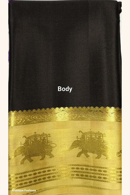 Pure Mysore Silk Saree — Black body with Cream Gold Ambari border featuring golden zari elephant procession motif