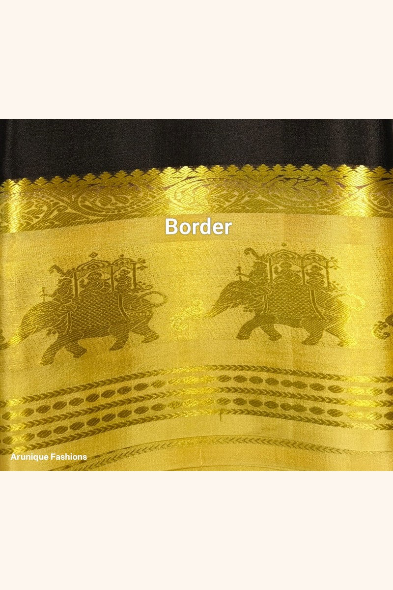 Close-up of Mysore Silk Saree Ambari border — Cream Gold with golden zari elephant and ceremonial procession motif
