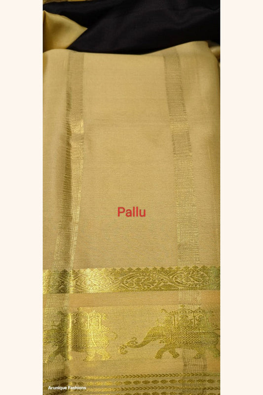 Pure Mysore Silk Saree Pallu — Cream Gold with golden zari Ambari elephant motif and zari stripe detailing