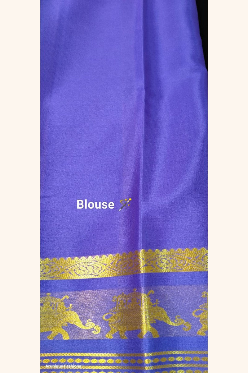 Mysore Silk Saree blouse piece — Royal Blue with golden zari Ambari elephant border motif