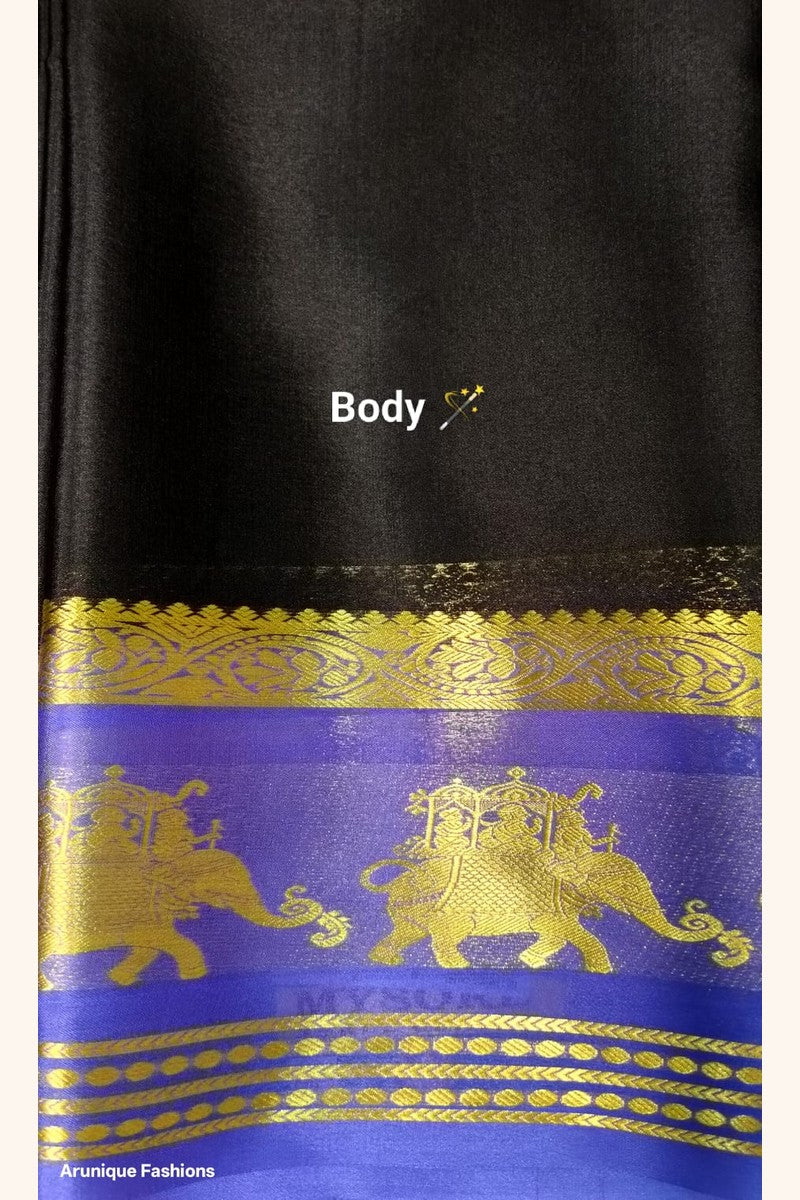 Pure Mysore Silk Saree — Black body with Royal Blue Ambari border featuring golden zari elephant procession motif