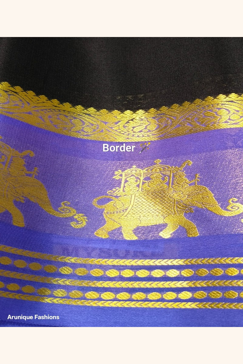 Close-up of Mysore Silk Saree Ambari border — Royal Blue with intricate golden zari elephant and ceremonial procession motif