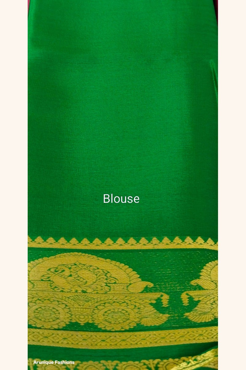 Pure Mysore Silk Saree Silk Mark Certified - Matching Bottle Green Blouse Piece with Golden Zari Throne Border
