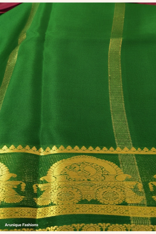 Pure Mysore Silk Saree Silk Mark Certified - Bottle Green Pallu with Golden Zari Stripe and Maharaja Throne Motif