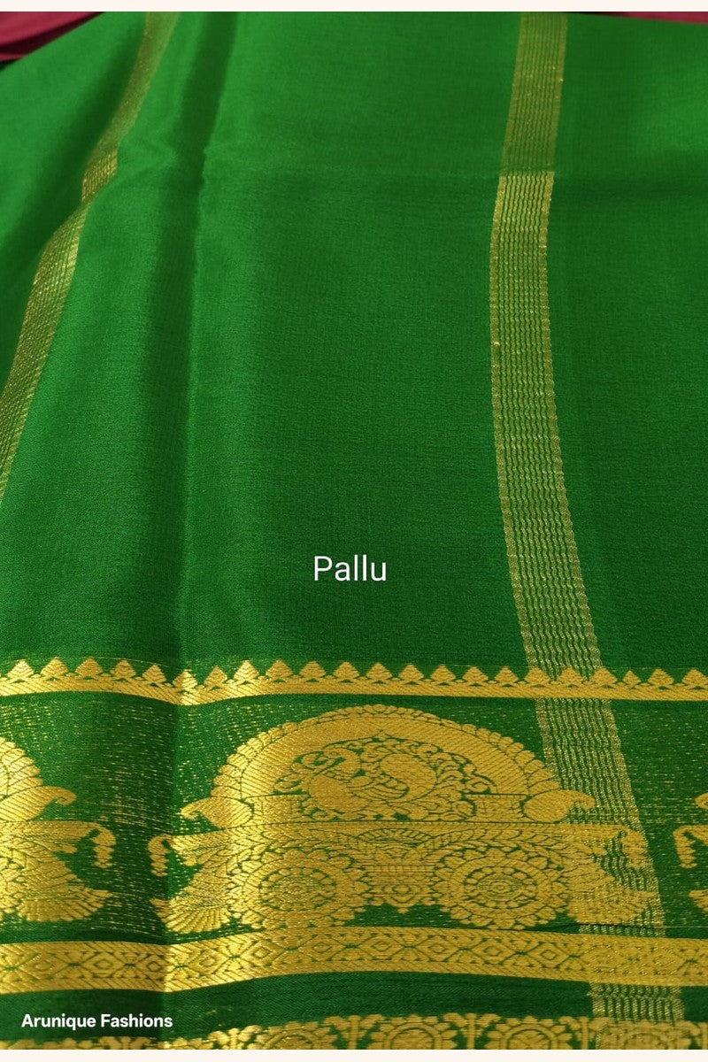 Pure Mysore Silk Saree Silk Mark Certified - Bottle Green Pallu with Golden Zari Stripe and Maharaja Throne Motif