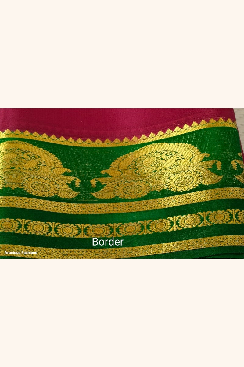 Pure Mysore Silk Saree Silk Mark Certified - Close-up of Bottle Green Maharaja Throne Simhasana Border with Golden Zari