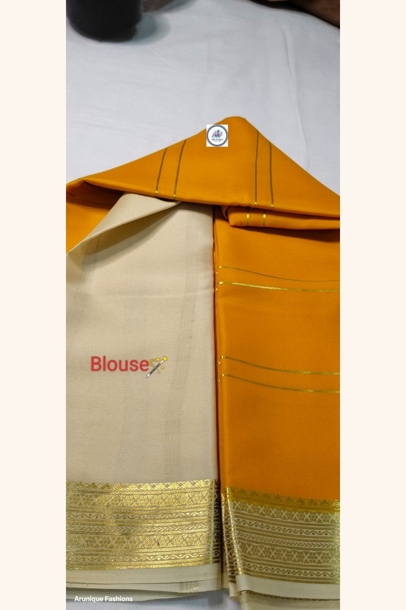 Pure Mysore Silk Saree cream blouse piece with golden katti zari border – Silk Mark certified, pure mulberry silk