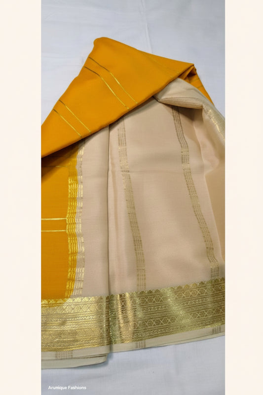 Pure Mysore Silk Saree cream pallu with intricate golden katti zari border – Silk Mark certified Mysore silk