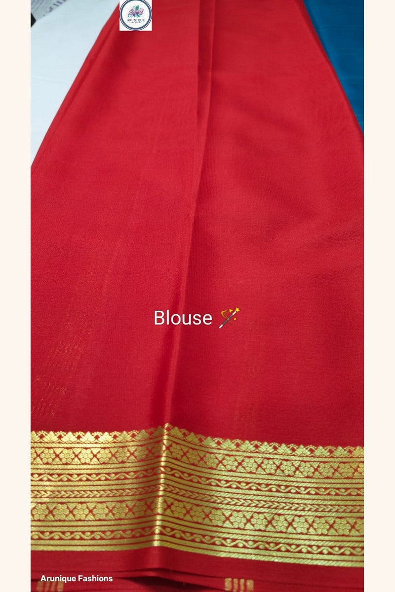 Pure Mysore Silk Saree crimson red blouse piece with golden katti zari border – Silk Mark certified, pure mulberry silk