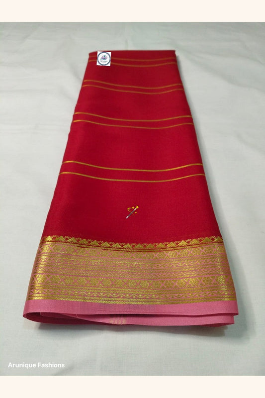Pure Mysore Silk Saree crimson red body with golden katti zari border – Silk Mark certified, 120 GSM