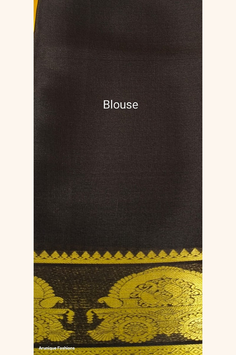 Pure Mysore Silk Saree Silk Mark Certified - Matching Dark Chocolate Brown Blouse Piece with Golden Zari and Maharaja Throne Motif Border
