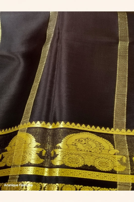 Pure Mysore Silk Saree Silk Mark Certified - Dark Chocolate Brown Pallu with Golden Zari Stripe and Maharaja Throne Motif