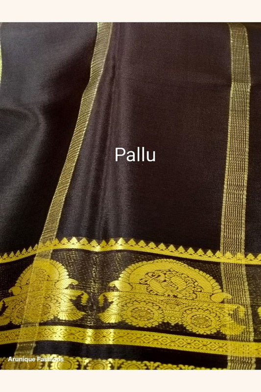 Pure Mysore Silk Saree Silk Mark Certified - Dark Chocolate Brown Pallu with Golden Zari Stripe and Maharaja Throne Motif