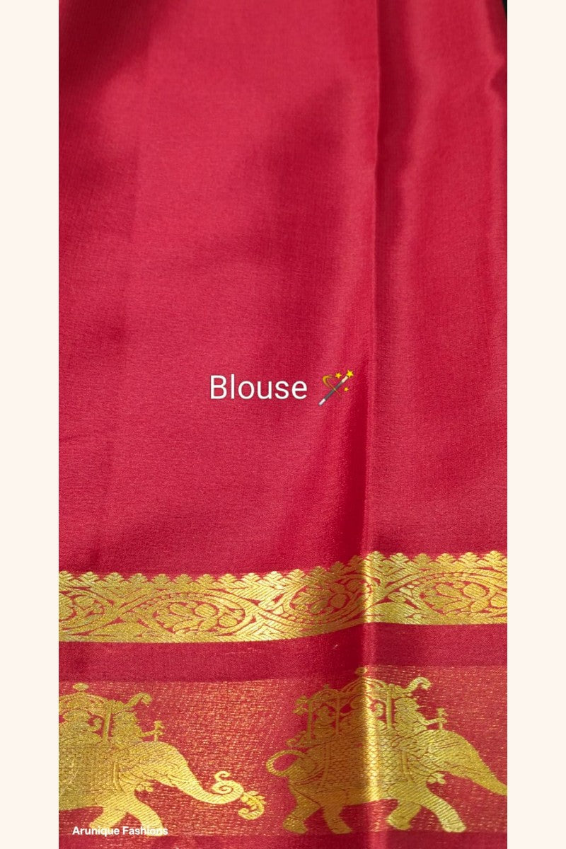 Mysore Silk Saree blouse piece — Red with golden zari Ambari border motif