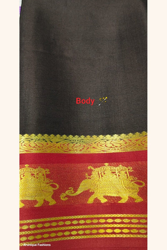Pure Mysore Silk Saree — Dark Chocolate Brown body with Red Ambari border featuring golden zari elephant procession motif