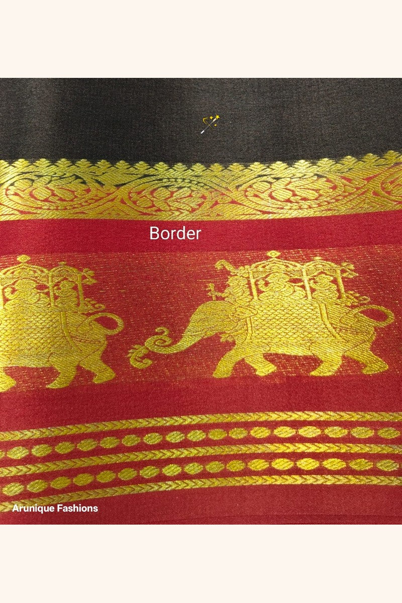 Close-up of Mysore Silk Saree Ambari border — Red with intricate golden zari Ambari and ceremonial procession motif