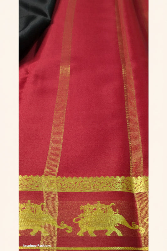 Pure Mysore Silk Saree Pallu — Red with golden zari Ambari motif and zari stripe detailing