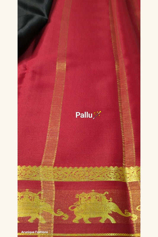 Pure Mysore Silk Saree Pallu — Red with golden zari Ambari motif and zari stripe detailing
