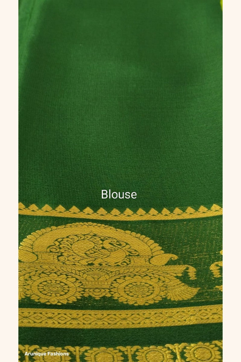 Pure Mysore Silk Saree Silk Mark Certified - Matching Dark Green Blouse Piece with Golden Zari Border and Maharaja Throne Motif