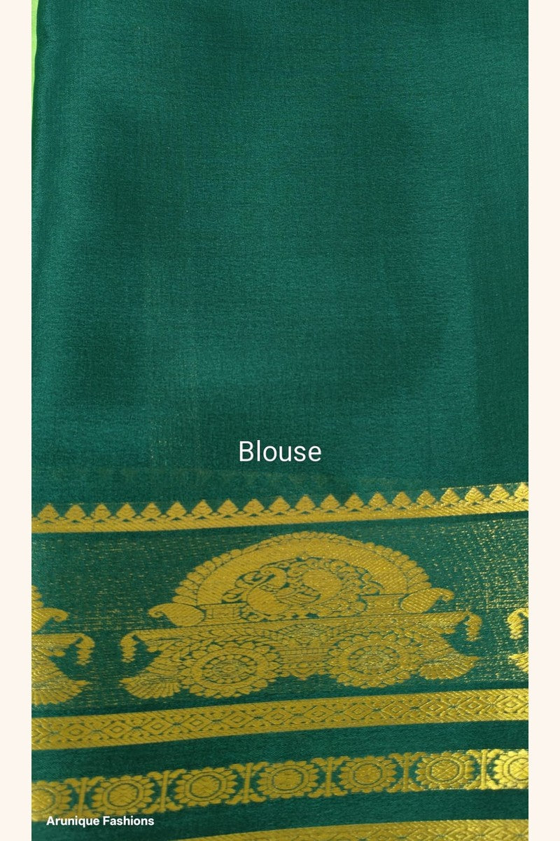 Pure Mysore Silk Saree Silk Mark Certified - Matching Dark Teal Blouse Piece with Golden Zari and Maharaja Throne Motif Border
