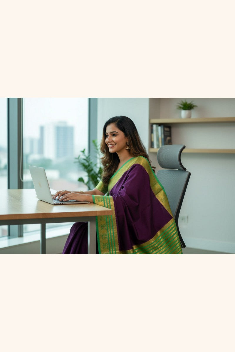 Pure Mysore Silk Saree deep purple body with golden peacock medallion zari border, Indian model wearing full drape – Silk Mark certified, 120 GSM