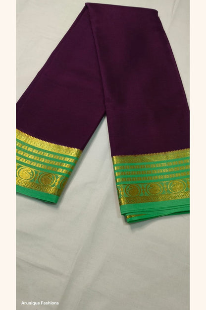 Pure Mysore Silk Saree deep purple body with golden peacock medallion zari border – Silk Mark certified, 120 GSM