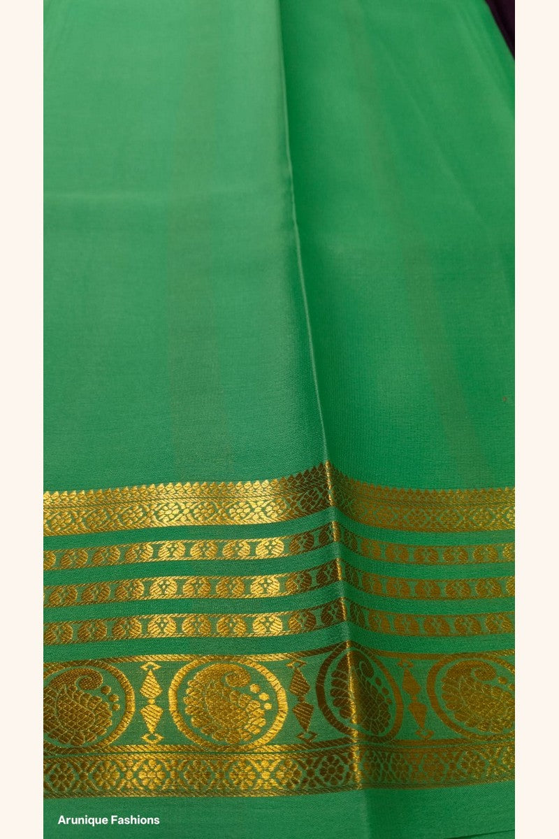 Pure Mysore Silk Saree jade green blouse piece with golden peacock medallion zari border – Silk Mark certified, pure mulberry silk