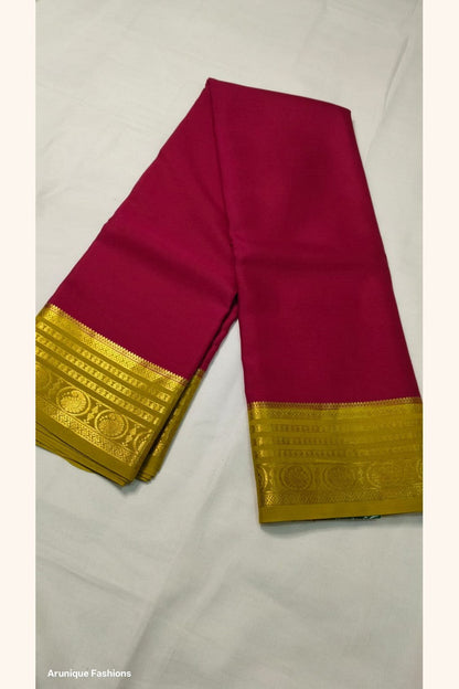 Pure Mysore Silk Saree magenta body with golden peacock medallion zari border – Silk Mark certified, 120 GSM