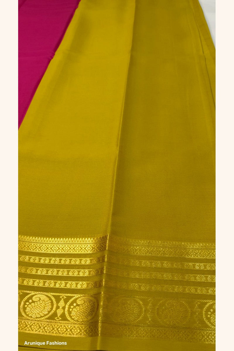 Pure Mysore Silk Saree mustard yellow blouse piece with golden peacock medallion zari border – Silk Mark certified, pure mulberry silk